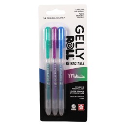 Sakura Retractable Metallic Gel Pens, 08 Medium Point, Assorted Colors, 3-Pack, Blister Card