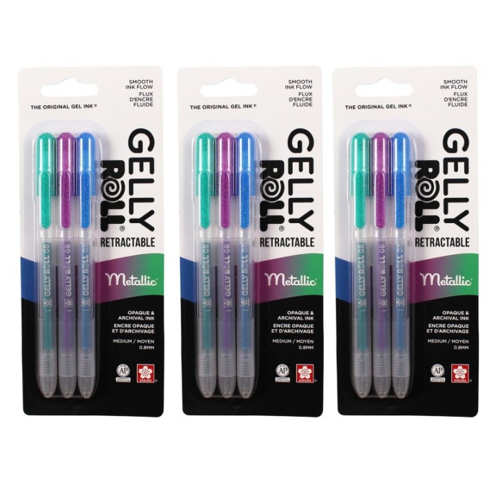 Sakura Retractable Metallic Gel Pens, 08 Medium Point, Assorted Colors, 3 Per Set, 3 Sets