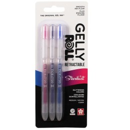 Sakura Retractable Stardust Gel Pens, 08 Medium Point, Assorted Colors, 3-Pack, Blister Card