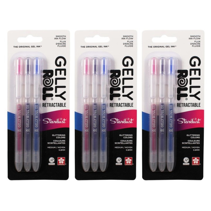 Sakura Retractable Stardust Gel Pens, 08 Medium Point, Assorted Colors, 3 Per Set, 3 Sets