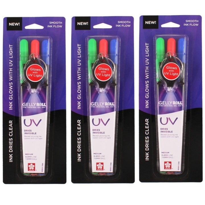 Sakura UV Gel Pens, Medium Point, Assorted Colors, 3 Per Set with UV Light, 3 Sets