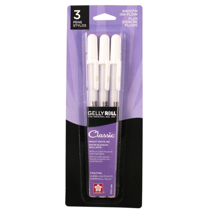 Sakura Gelly Roll Classic Gel Ink Pens, 05 Fine, White, Pack of 3