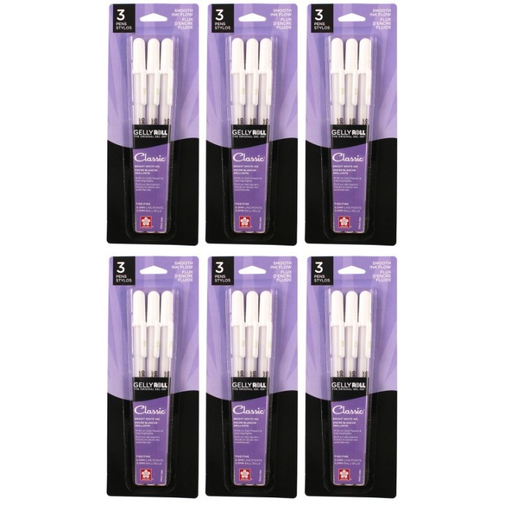 Sakura Gelly Roll Classic Gel Ink Pens, 05 Fine, White, 3 Per Pack, 6 Packs
