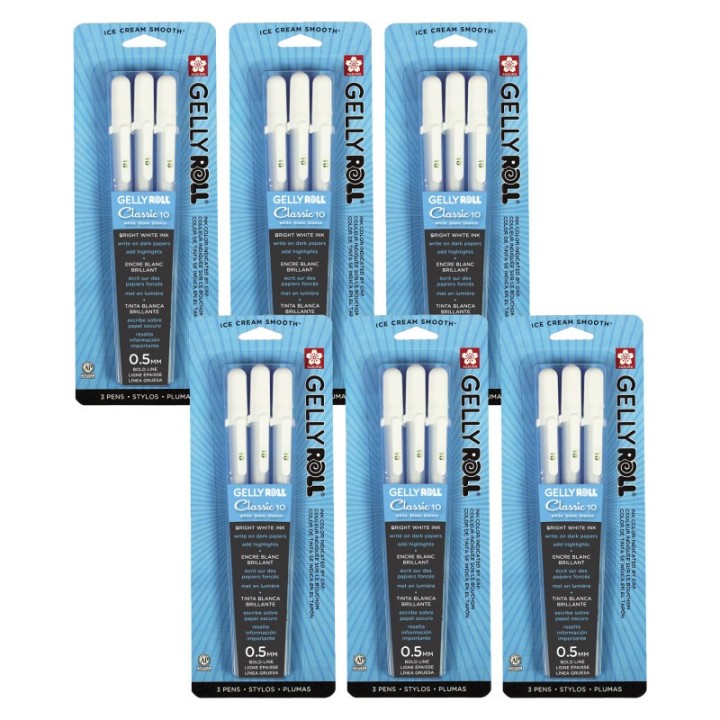 Sakura Gelly Roll Classic Gel Ink Pens, 10 Bold, White, 3 Per Pack, 6 Packs