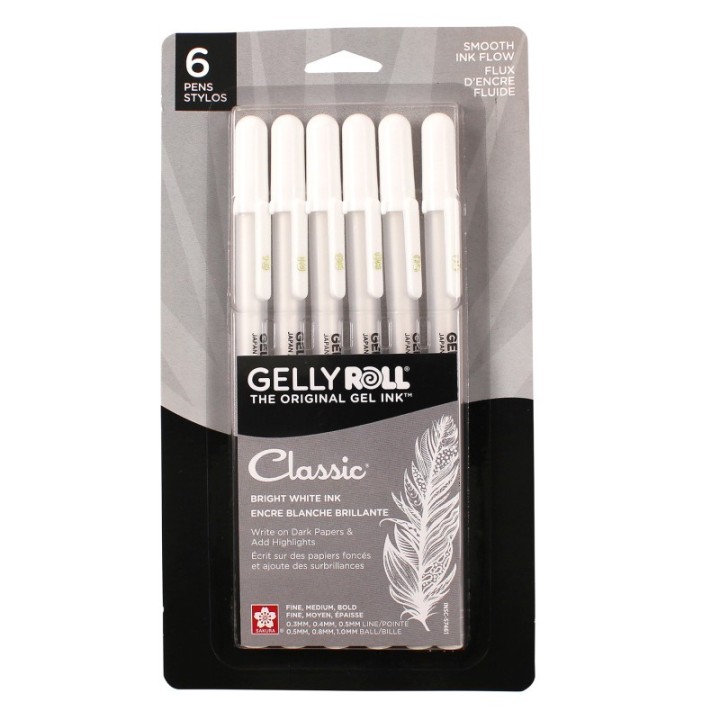 Sakura Classic Gel Pens, Assorted Sizes, White, 6-Pack, Blister Card
