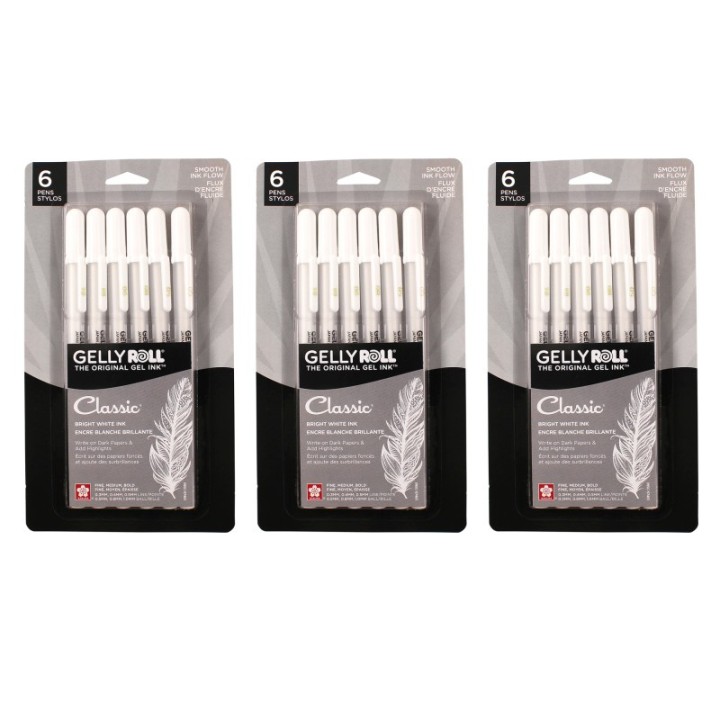 Sakura Classic Gel Pens, Assorted Sizes, White, 6 Per Set, 3 Sets