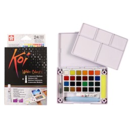 Sakura Koi Water Colors Field Sketch Box with Brush, 24 Colors & 5mL Iridescent Medium