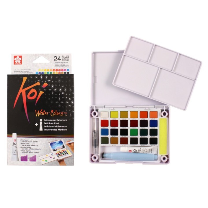 Sakura Koi Water Colors Field Sketch Box with Brush, 24 Colors & 5mL Iridescent Medium