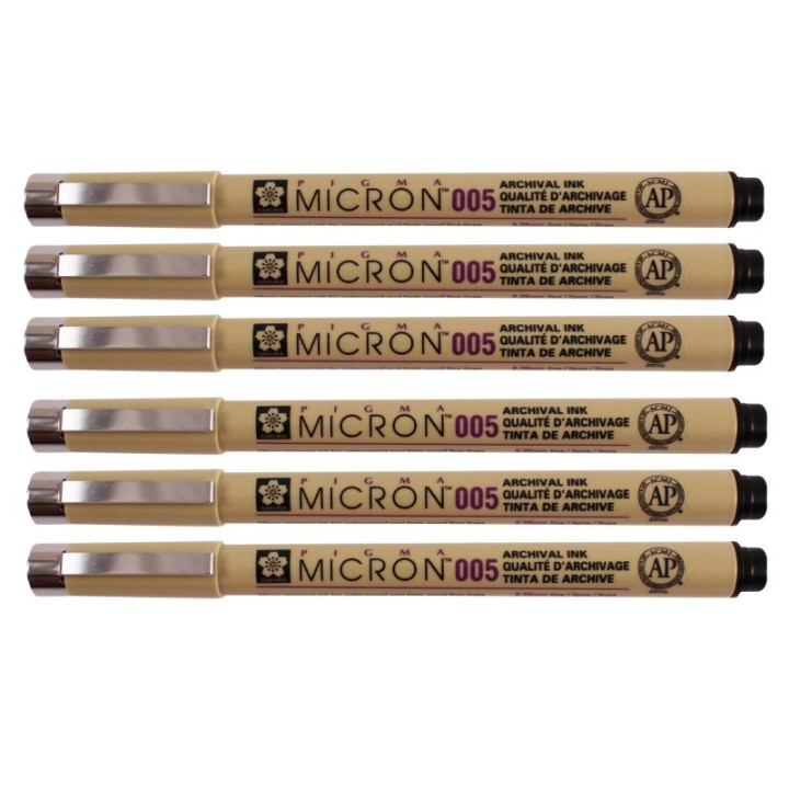 Sakura Pigma Micron Pen, Black, 0.20mm Size 005, Pack of 6