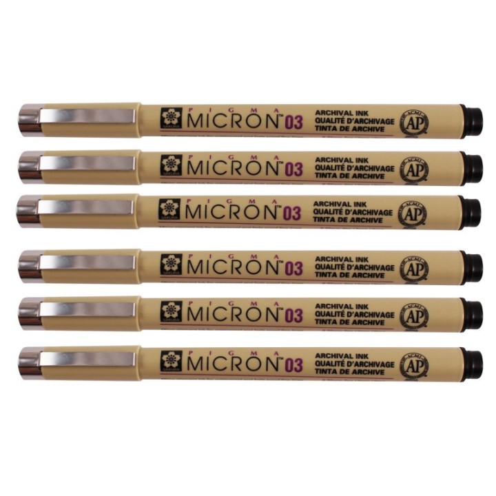 Sakura Pigma Micron Pen, Black, 0.35mm Size 03, Pack of 6