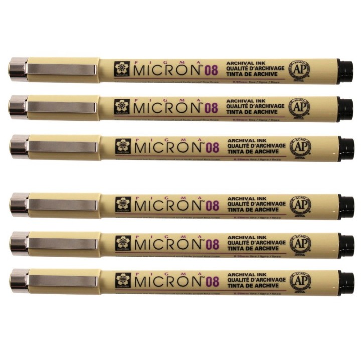Sakura Pigma Micron Pen, Black, 0.50mm Size 08, Pack of 6