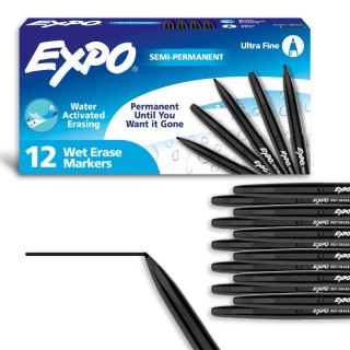 EXPO® Vis-a-Vis® Wet-Erase Markers,  Ultra Fine Tip, Black, Box of 12