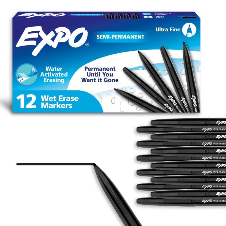 EXPO® Vis-a-Vis® Wet-Erase Markers,  Ultra Fine Tip, Black, Box of 12