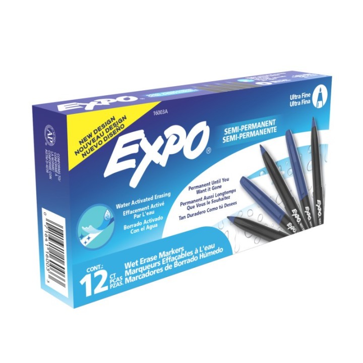 EXPO® Vis-a-Vis Wet Erase Markers, Ultra Fine Point, Blue, 12 Count