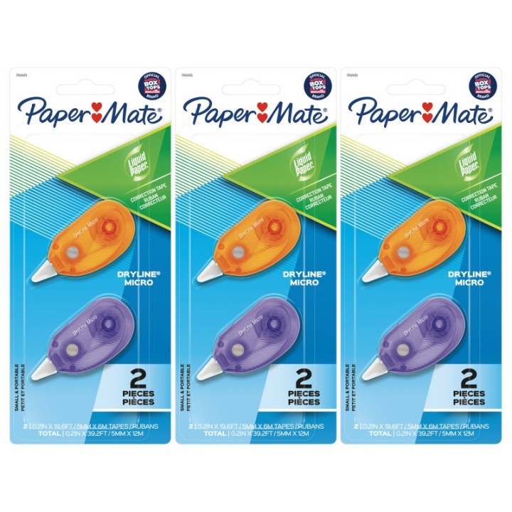 Paper Mate® Liquid Paper DryLine Micro Correction Tape, Assorted Colors, 2 Per Pack, 3 Packs