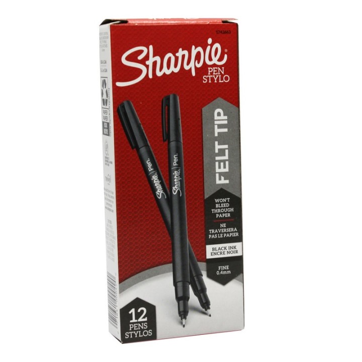 Sharpie® Felt Tip Pens, Fine Point (0.4mm), Black, Black, Box of 12