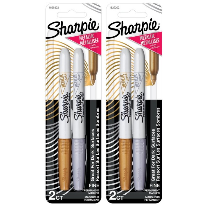 Sharpie® Metallic Permanent Markers, Fine Point, Gold & Silver, 2 Per Set, 2 Sets