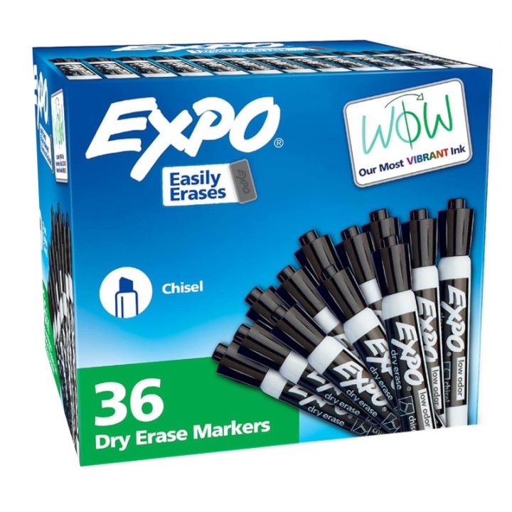 EXPO® Low Odor Dry Erase Markers, Chisel Tip, Black, 36 Count