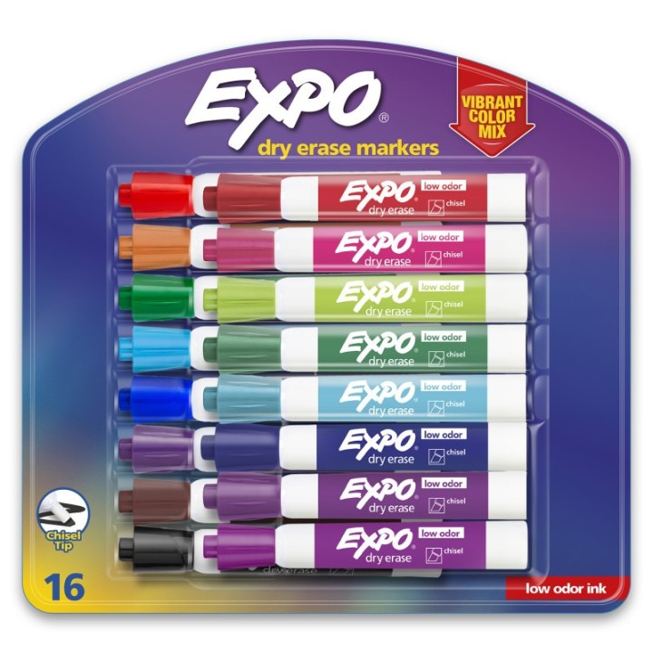 EXPO® Low Odor Dry Erase Markers, Chisel Tip, Vibrant Colors, 16 Count