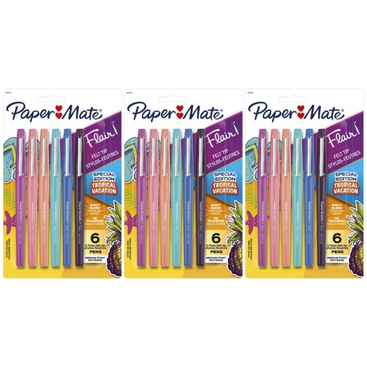 Paper Mate® Flair Felt Tip Pens, Medium Point (0.7mm), Tropical Colors, 6 Per Pack, 3 Packs