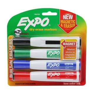 EXPO® Magnetic Dry Erase Markers with Eraser, Chisel Tip, Assorted, 4-Count