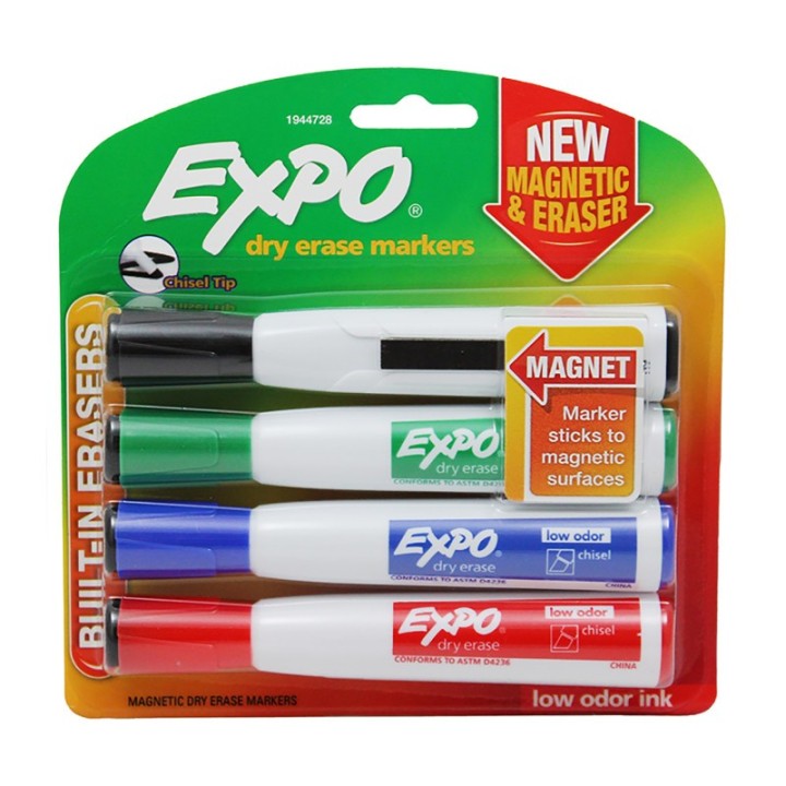 EXPO® Magnetic Dry Erase Markers with Eraser, Chisel Tip, Assorted, 4-Count