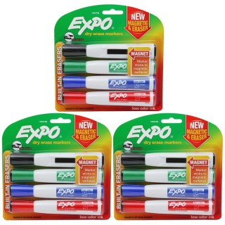 EXPO® Magnetic Dry Erase Markers with Eraser, Chisel Tip, Assorted, 4 Per Pack, 3 Packs