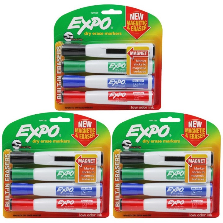 EXPO® Magnetic Dry Erase Markers with Eraser, Chisel Tip, Assorted, 4 Per Pack, 3 Packs