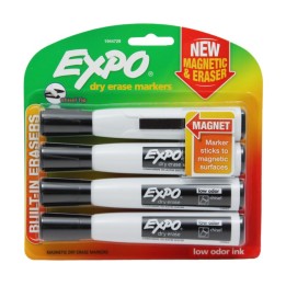 EXPO® Magnetic Dry Erase Markers with Eraser, Chisel Tip, Black, 4-Count