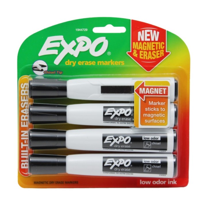 EXPO® Magnetic Dry Erase Markers with Eraser, Chisel Tip, Black, 4-Count