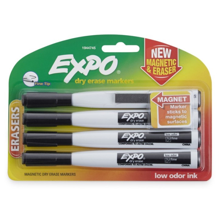 EXPO® Magnetic Dry Erase Markers with Eraser, Fine Tip, Black, 4-Count