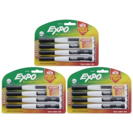 EXPO® Magnetic Dry Erase Markers with Eraser, Fine Tip, Black, 4 Per Pack, 3 Packs
