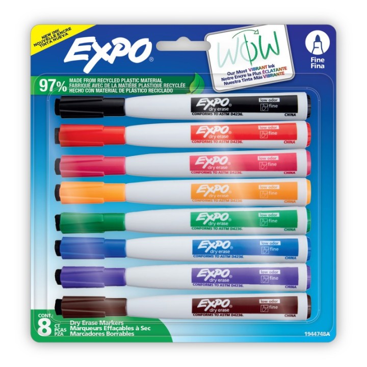 EXPO® Magnetic Dry Erase Markers with Eraser, Fine Tip, Assorted Colors, 8-Count
