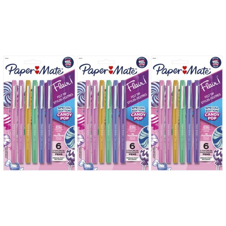Paper Mate® Flair Felt Tip Pens, Medium Point (0.7mm), Candy Pop Pack, 6 Per Pack, 3 Packs