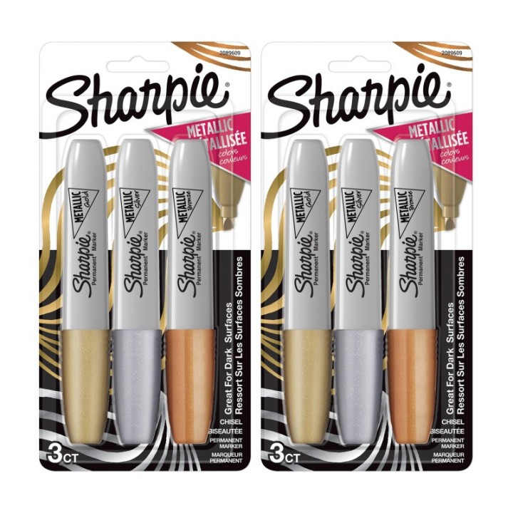Sharpie® Metallic Permanent Markers, Chisel Tip, Assorted Colors, 3 Per Pack, 2 Packs