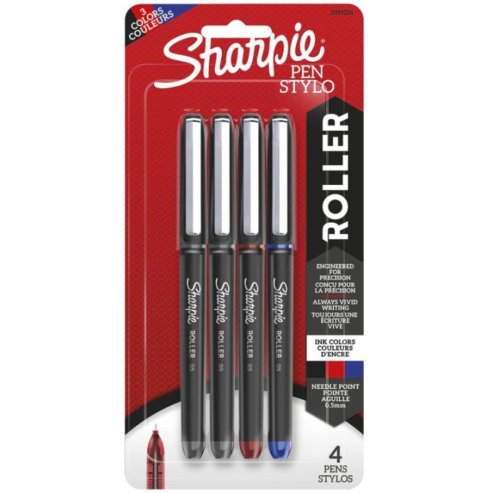 Sharpie® RollerBall® Pen, Needle Point (0.5mm) Precision Pen, Assorted Colors, 4 Count