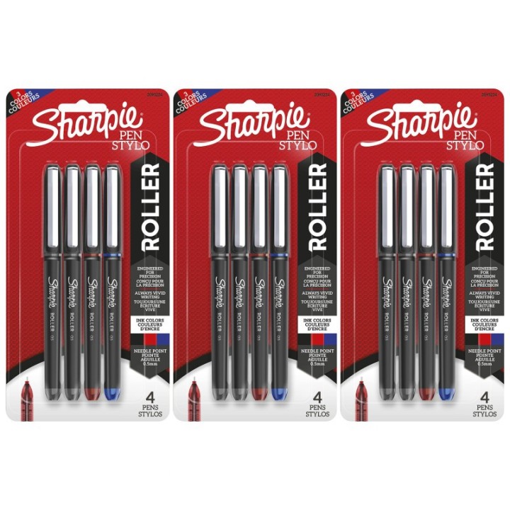Sharpie® RollerBall® Pen, Needle Point (0.5mm) Precision Pen, Assorted Colors, 4 Per Pack, 3 Packs