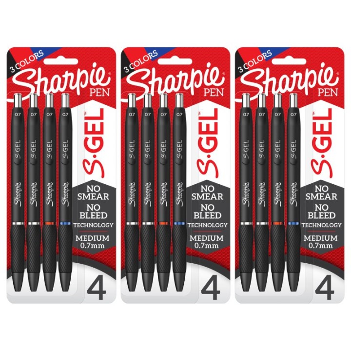 Sharpie® S-Gel Gel Pens, Medium Point (0.7mm), Assorted Colors, 4 Per Pack, 3 Packs