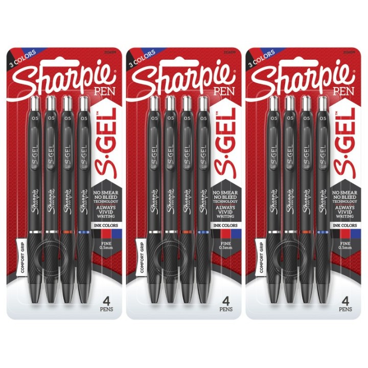 Sharpie® S-Gel Gel Pens, Fine Point (0.5mm), Assorted Colors, 4 Per Pack, 3 Packs