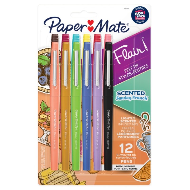 Paper Mate® Flair, Scented Felt Tip Pens, Assorted Sunday Brunch Scents & Colors, 0.7mm, 12 Count