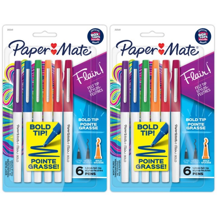 Paper Mate® Flair Felt Tip Pens, Bold Tip (1.2 mm), Assorted Colors, 6 Per Pack, 2 Packs