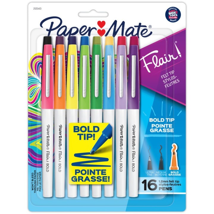 Paper Mate® Flair Felt Tip Pens, Bold Tip (1.2 mm), Assorted Colors, 16 Count