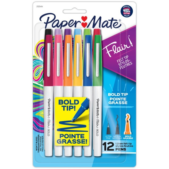 Paper Mate® Flair Felt Tip Pens, Bold Tip (1.2 mm), Assorted Colors, 12 Count