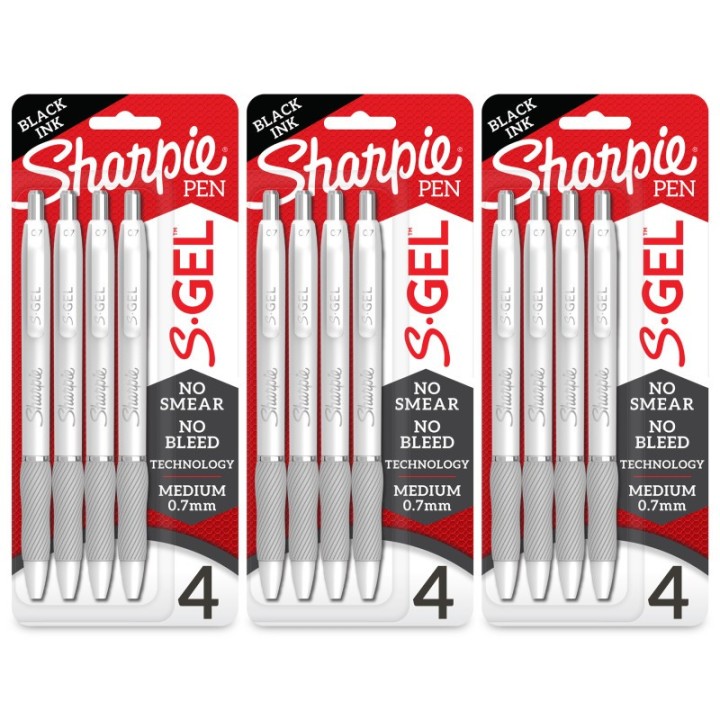 Sharpie® S-Gel, Gel Pens, Medium Point (0.7mm), Pearl White Body, Black Gel Ink Pens, 4 Per Pack, 3 Packs