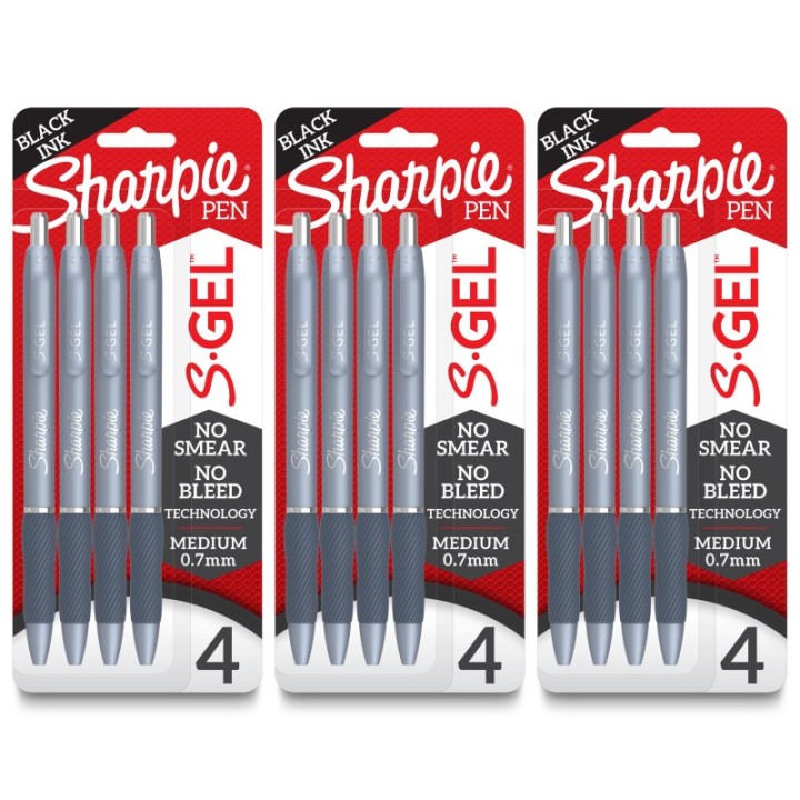 Sharpie® S-Gel, Gel Pens, Medium Point (0.7mm), Frost Blue Body, Black Gel Ink Pens, 4 Per Pack, 3 Packs
