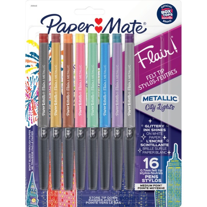 Paper Mate® Flair Felt Tip Pens, Medium Point (0.7mm), Metallic City Lights, 16 Count