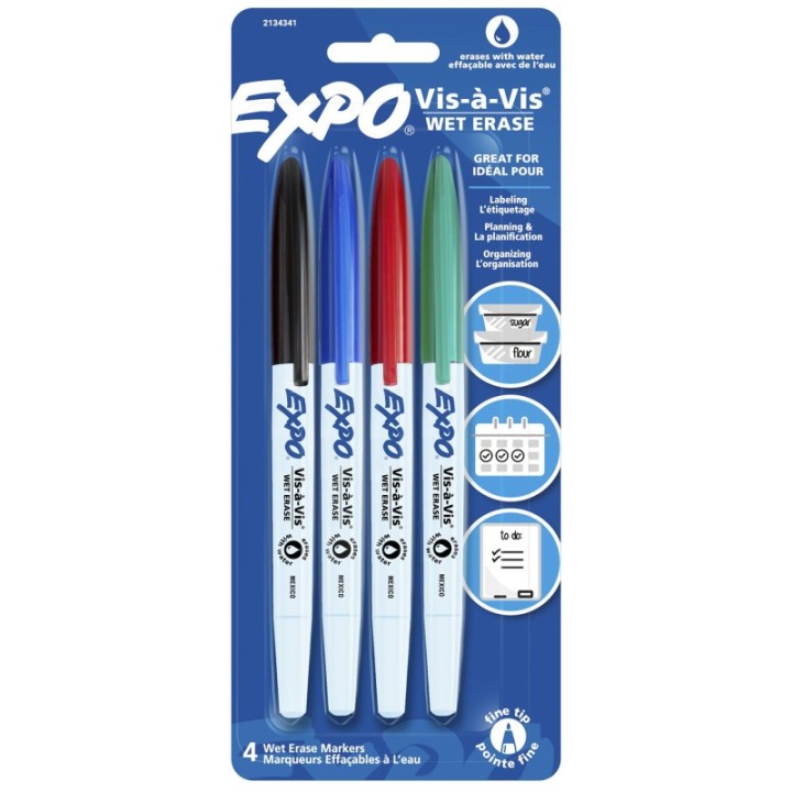 EXPO® Vis-à-Vis Wet Erase Marker Set, 4 Colors, Fine Tip