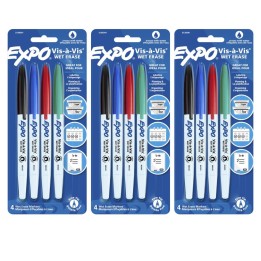 EXPO® Vis-à-Vis Wet Erase Marker Set, Fine Tip, 4 Colors Per Pack, 3 Packs