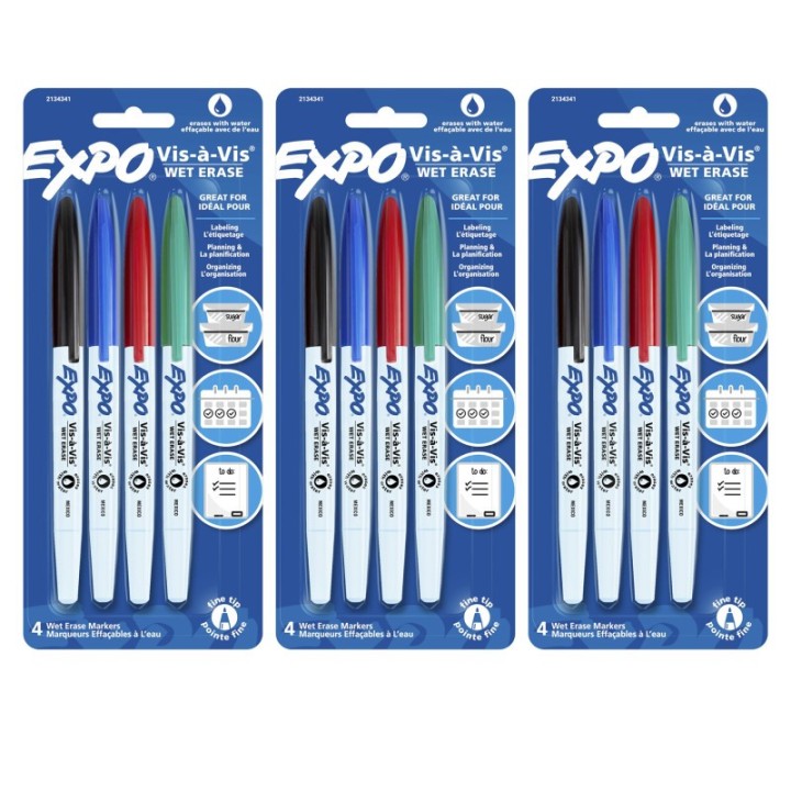 EXPO® Vis-à-Vis Wet Erase Marker Set, Fine Tip, 4 Colors Per Pack, 3 Packs