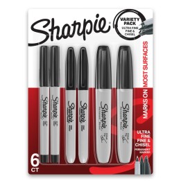 Sharpie® Permanent Markers Variety Pack, Fine, Ultra-Fine, & Chisel-Point Markers, Black, 6 Count